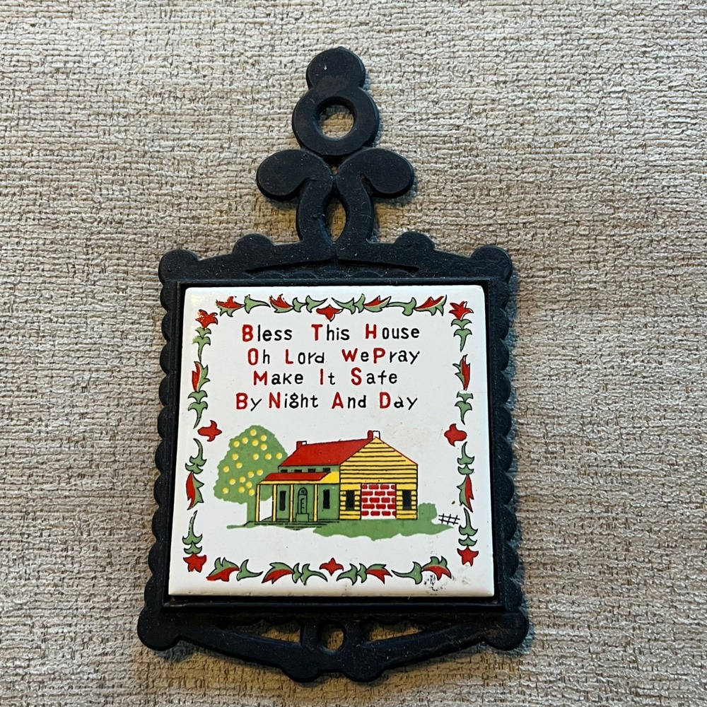 Vintage Bless This House Cast Iron Ceramic Tile Trivet Wall Hanging Japan Black